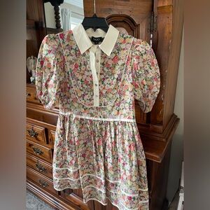 GiGio Floral Puff-Sleeve Midi Dress in Pink and Cream